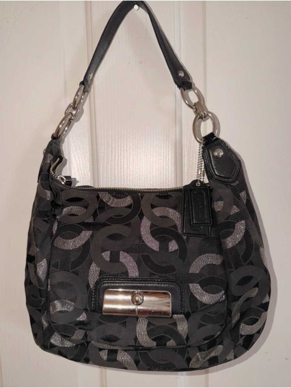 Coach Black, Silver and Gray Signature Chain Hobo Shoulder Bag